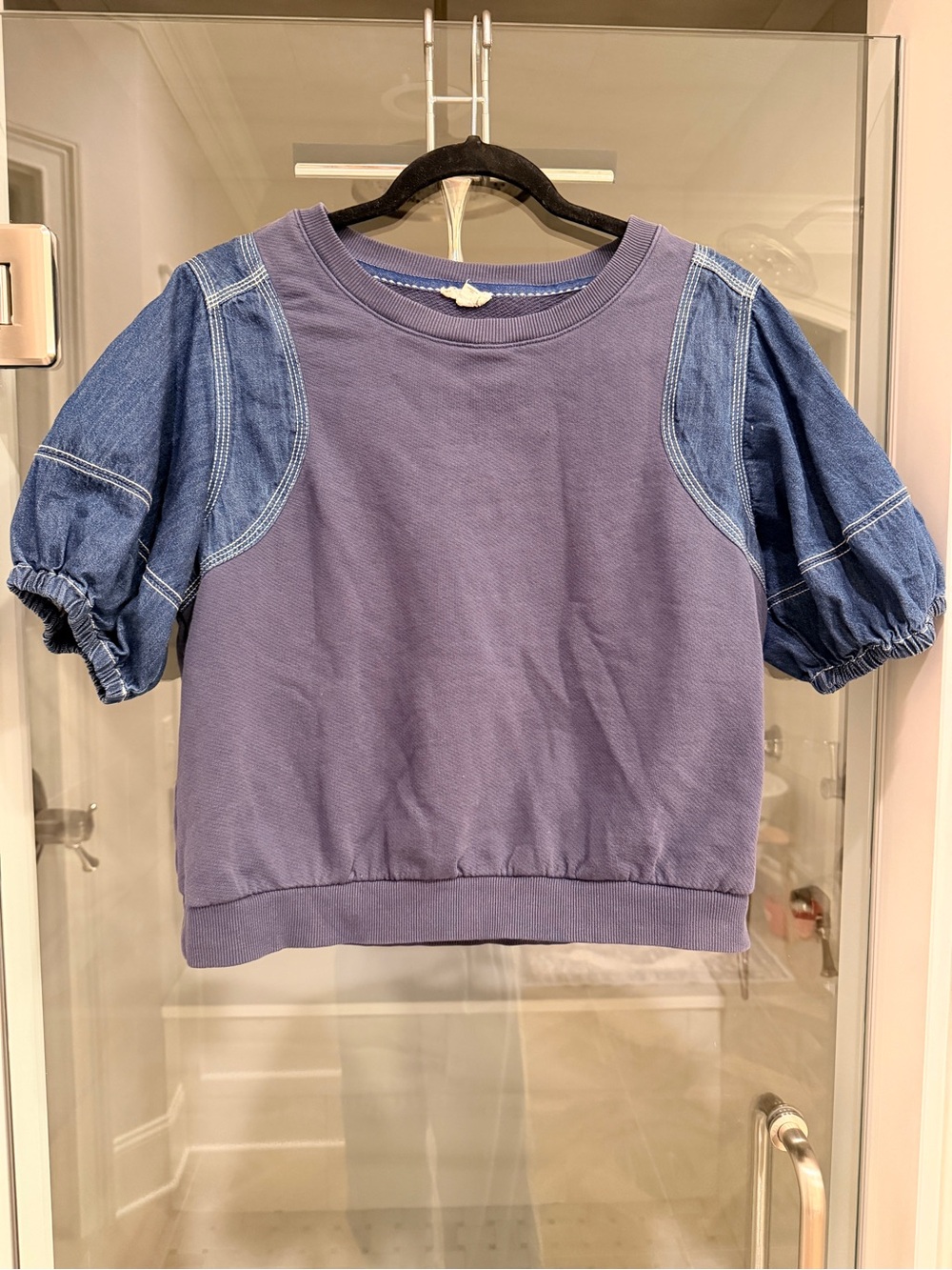 Pilcro navy blue Sweatshirt with Denim Puff Sleeves